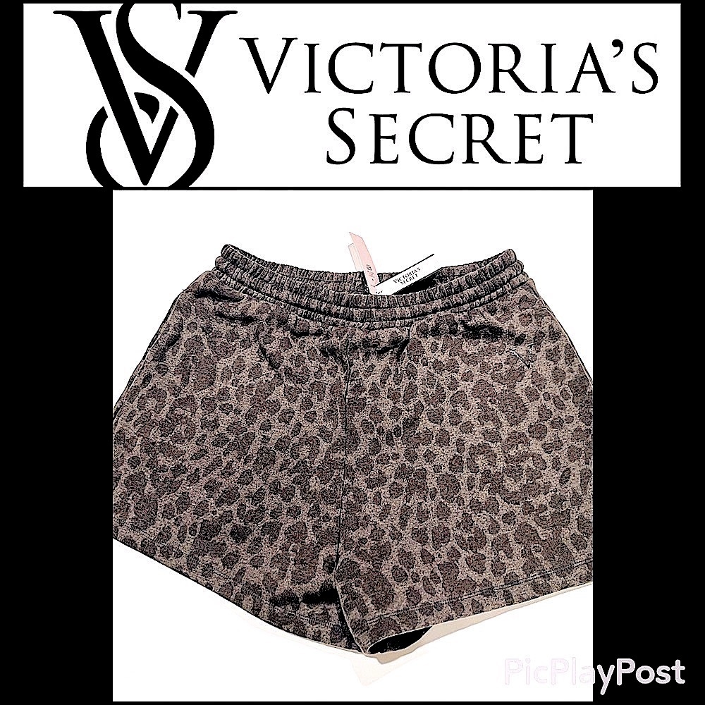 Victoria's Secret Fleece Drawstring Lounge Shorts High Rise Gray Leopard NWT S